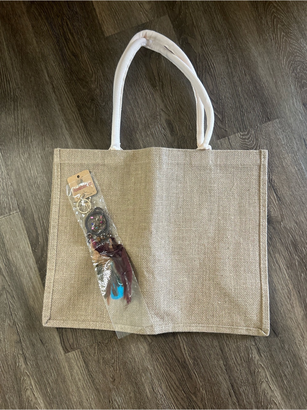 Neutral Beige Jute Tote Bag with White Rope Handles